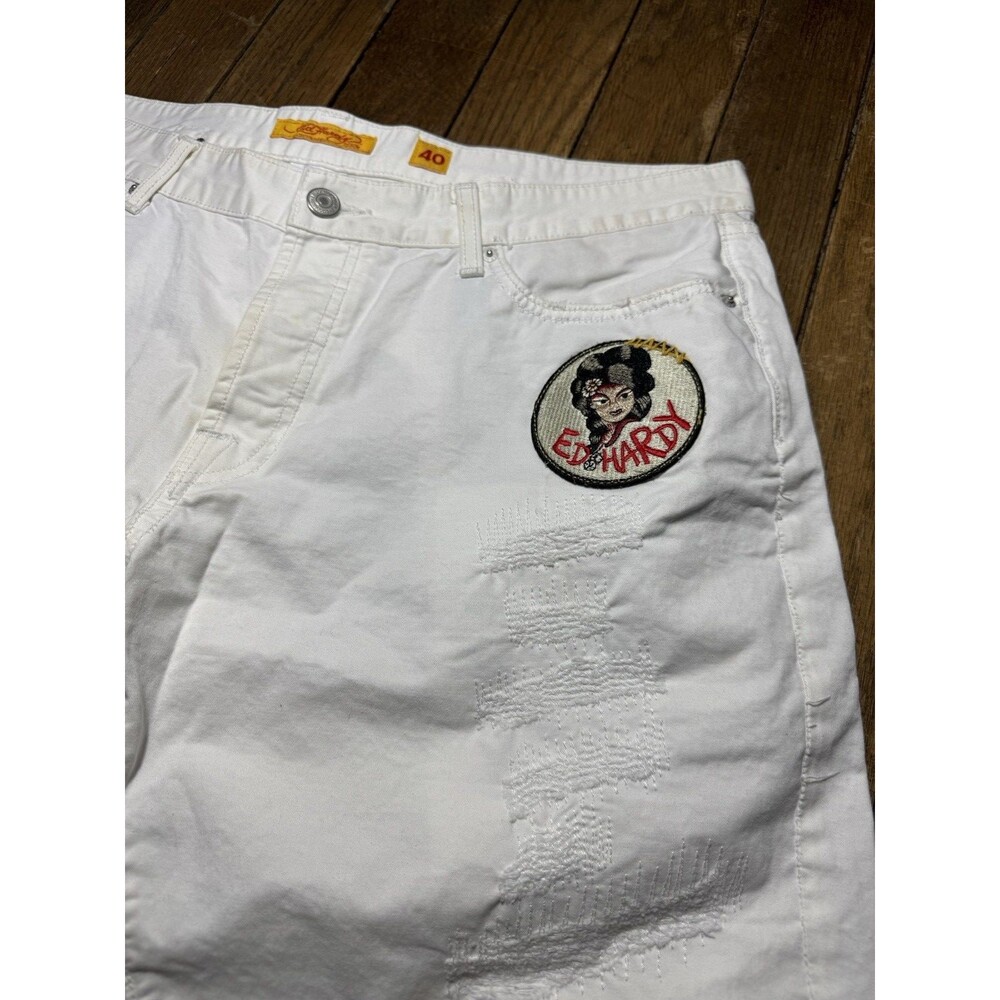 Ed Hardy RARE Wolf Embroidered White Jeans Y2K Mens Pants Size 40 X 34 EUC - Picture 10 of 11